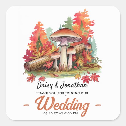 Herbstthema mit Wasserfarbenhochzeit im Pilz Quadratischer Aufkleber (Vorderseite)