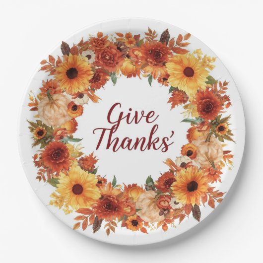 Herbstthematischer Erntedank mit Blume Kürbis Pappteller (Vorderseite)