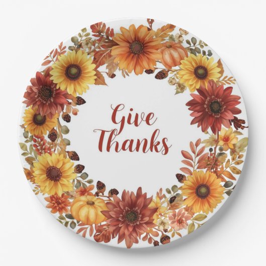 Herbstthematischer Erntedank mit Blume Kürbis Pappteller (Vorderseite)