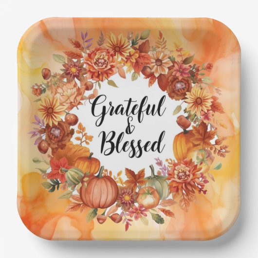 Herbstthematischer Erntedank mit Blume Kürbis Pappteller (Vorderseite)