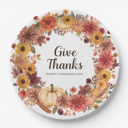 Herbstthematischer Erntedank mit Blume Kürbis Pappteller (Vorderseite)