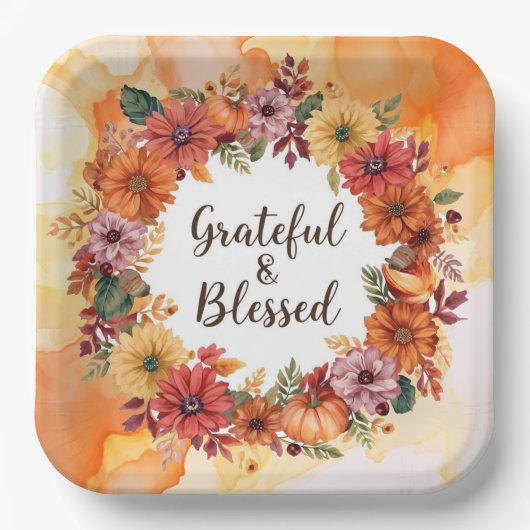 Herbstthematischer Erntedank mit Blume Kürbis Pappteller (Vorderseite)