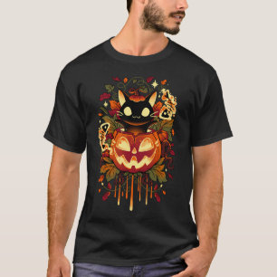 Herbsttricks - Halloween-Schwarze Katze und Kürbis T-Shirt