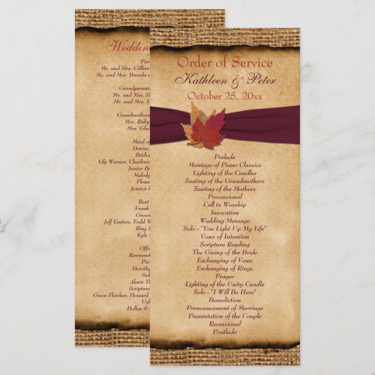 Herbsturlaub IMITATS Burlap Wedding Programm - Wei (Vorne/Hinten)