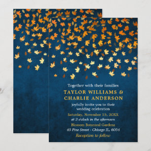 Herbstverlässt Grunge Gold und Blue Wedding Einladung
