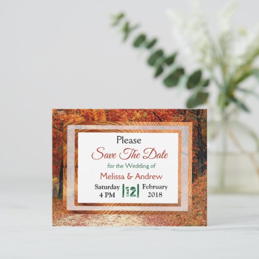 Herbstverläufe Hochzeit speichern das Datum Ankündigungspostkarte (Stehend Vorderseite)