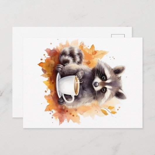 Herbstvibes Raccoon mit Tasse Kaffee Postkarte (Vorne/Hinten)