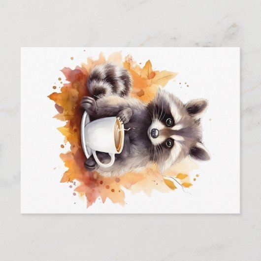 Herbstvibes Raccoon mit Tasse Kaffee Postkarte (Vorderseite)