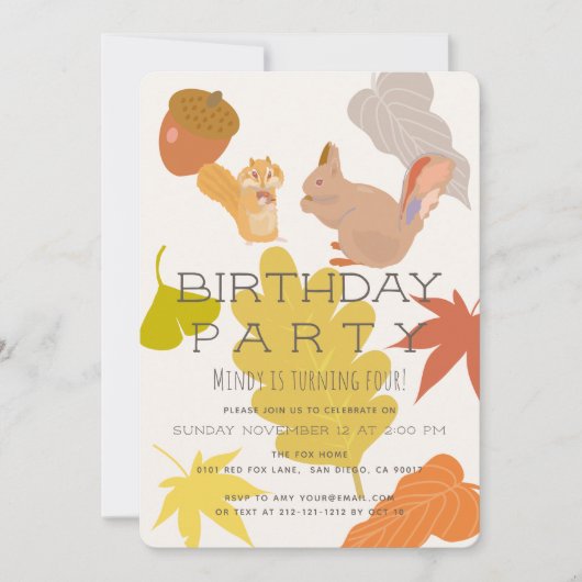 Herbstvogel & Chipmunk Einladung zum Geburtstag (Vorderseite)
