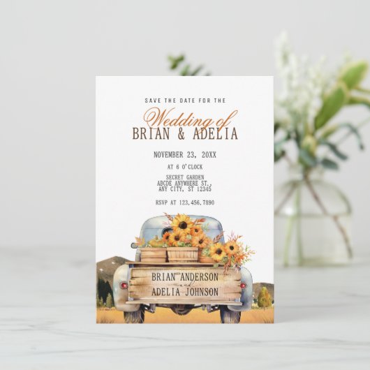 Herbstwagen mit Sonnenblumen Save The Date (Stehend Vorderseite)