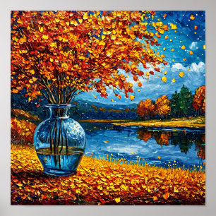 Herbstwald auf der Ölmalerei des Sees Poster