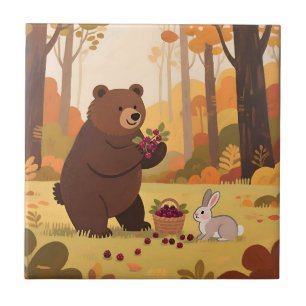 Herbstwald Bär Kaninchen Fliese