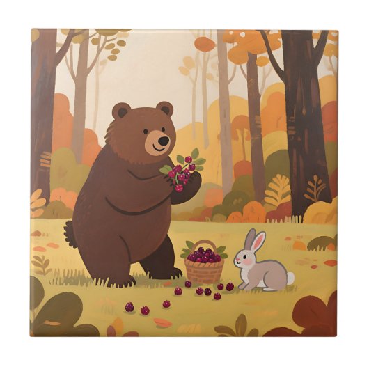 Herbstwald Bär Kaninchen Fliese (Vorderseite)