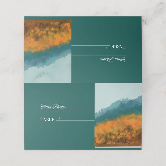 Herbstwald Bäume Blauer Berg Platzkarte (Außenseite Aufgefaltet)