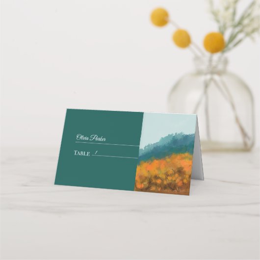 Herbstwald Bäume Blauer Berg Platzkarte (Vorderseite)