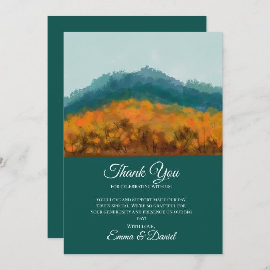 Herbstwald Bäume Blauer Berg Wasserfarbe Dankeskarte (Vorne/Hinten)