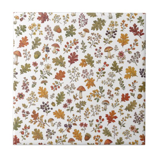 Herbstwald-Blumen-Pilz-Muster Fliese (Vorderseite)