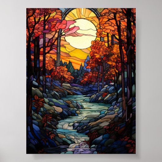 Herbstwald-Buntglas mit Bergbach Poster (Vorne)