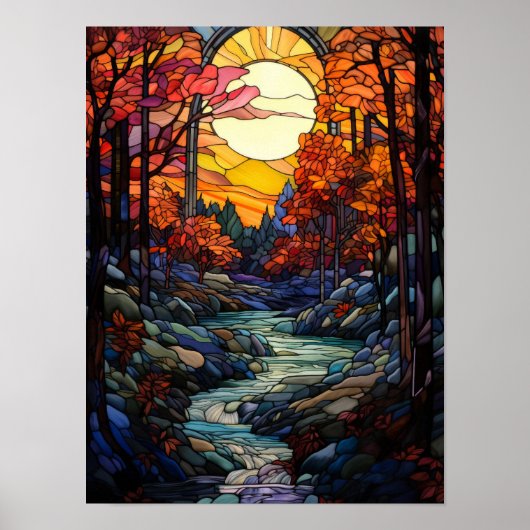 Herbstwald-Buntglas mit Bergbach Poster (Vorne)