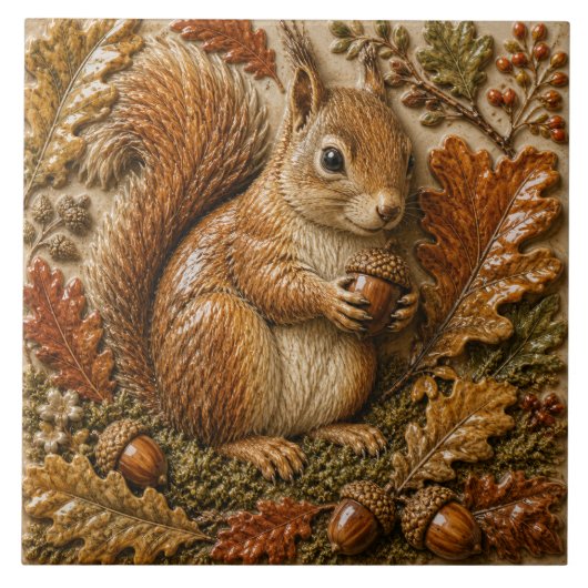 Herbstwald Eichhörnchen mit Eichel und Eichenblätt Fliese (Vorderseite)