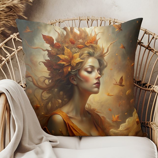 Herbstwald Fairy - Cosy Fall Boho Kissen (Autumn Forest Fairy – Cozy Fall Boho Throw Pillow on a boho rattan armchair.)