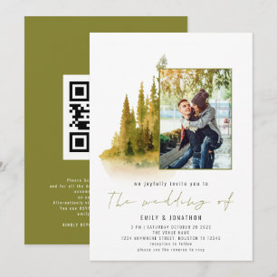 Herbstwald Foto QR Code Olivgrün Hochzeit Einladung