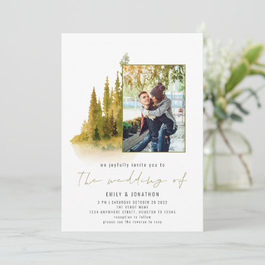 Herbstwald Foto QR Kodex Olivenöl Grüne Hochzeit Einladung (Stehend Vorderseite)