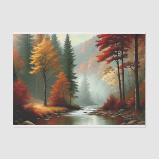 Herbstwald Glow River Landschaft Dekoupage Seidenpapier (Vorderseite)