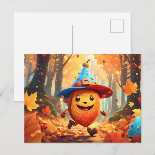 Herbstwald mit fröhlichem Männlein Postkarte (Vorne/Hinten)