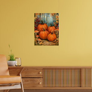 Herbstwald mit Kürbissen und Pilzen, Poster