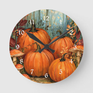 Herbstwald mit Kürbissen und Pilzen, Runde Wanduhr