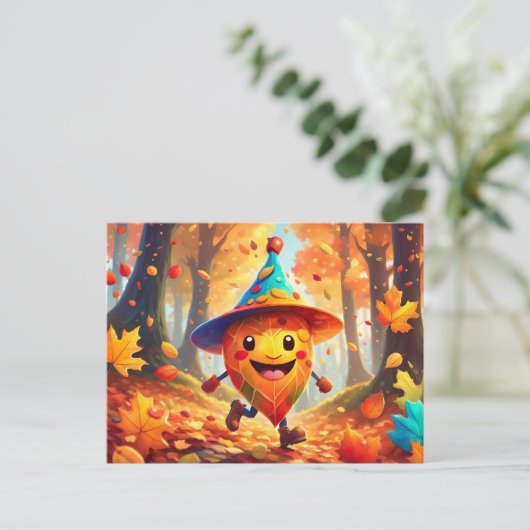 Herbstwald mit lachendem Männlein Postkarte (Stehend Vorderseite)