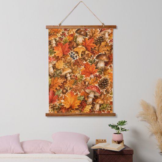 Herbstwald-Pilzmuster | Gemütliche Herbstblätter Wandteppich Mit Holzrahmen (Schlafzimmer)