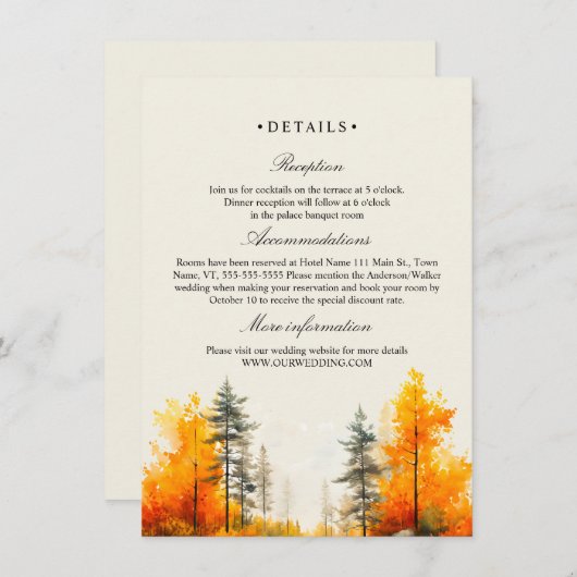 Herbstwald, Pinienbäume Hochzeit Details Begleitkarte (Vorne/Hinten)