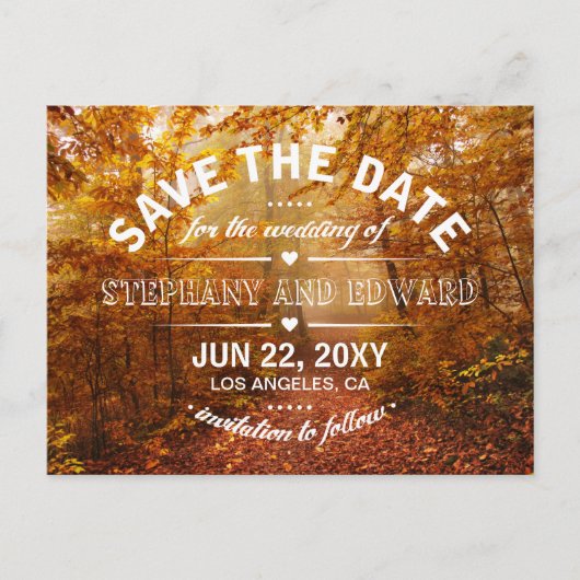 Herbstwald Save the Date Postkarte (Vorderseite)