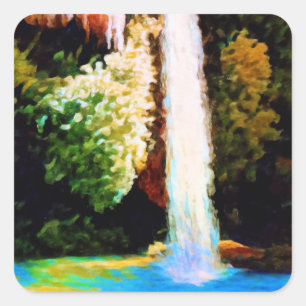 Herbstwald Wasserfall Landschaft Kunst, Dichtung u Quadratischer Aufkleber