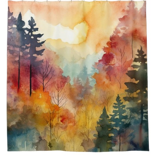 Herbstwald Wasserfarben-Glanz Duschvorhang (Vorderseite)