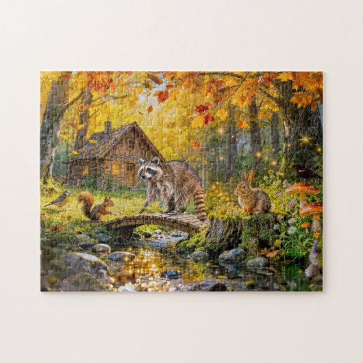 Herbstwaldhütte mit Waldtieren und Pilzen Puzzle (Horizontal)