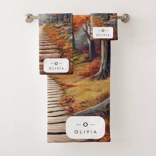 Herbstwaldpfad mit Name und Monogramm Badhandtuch Set (Insitu)