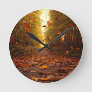 Herbstwaldweg fallende Blätter Runde Wanduhr