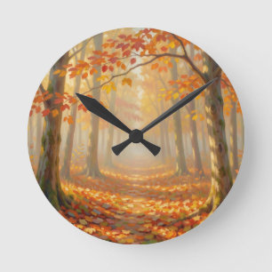 Herbstwaldweg Malerische Landschaftskunst Runde Wanduhr