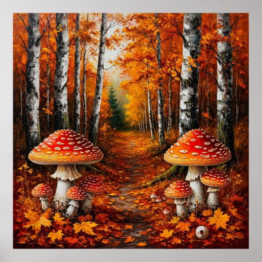 Herbstwaldweg umgeben von Birkenwäldern Poster (Vorne)