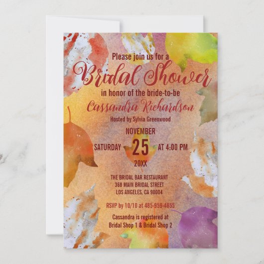 Herbstwärme Wasserfarbe Blätter Brautparty Einladung (Vorderseite)
