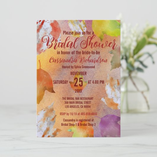 Herbstwärme Wasserfarbe Blätter Brautparty Einladung (Stehend Vorderseite)