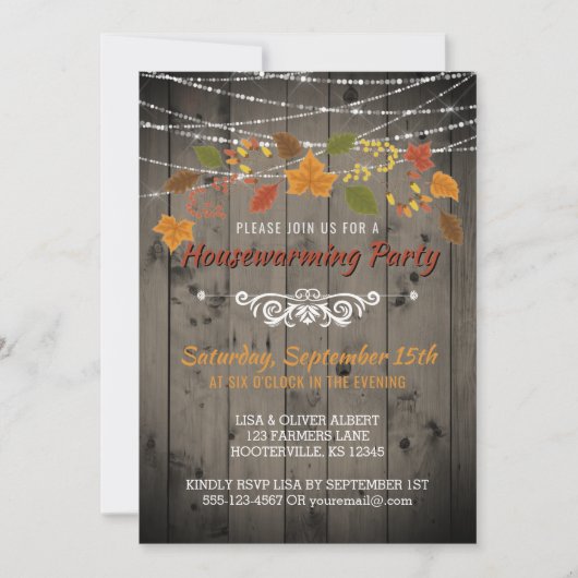 Herbstwärmendes Party Rustikale Holzsäulenleuchten Einladung (Vorderseite)