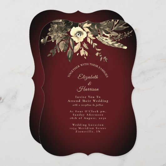 Herbstwasserfarbe Burgund Blumenzwiebelhochzeit Einladung (Vorne/Hinten)