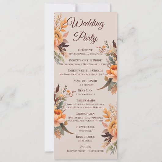 Herbstwasserfarbe Rustikales Hochzeitsprogramm für Einladung (Rückseite)