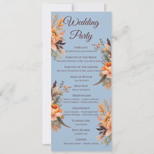 Herbstwasserfarbe Rustikales Hochzeitsprogramm für Einladung (Rückseite)