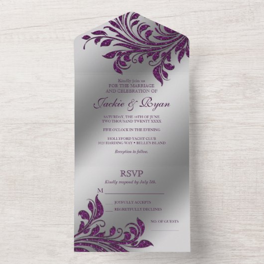HerbstWedding Sparkle Leaf Lila Silber All In One Einladung (Innen Boden)