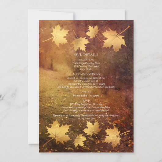 Herbstweg fallender Ahorn Blätter Hochzeitsdetails (Vorderseite)